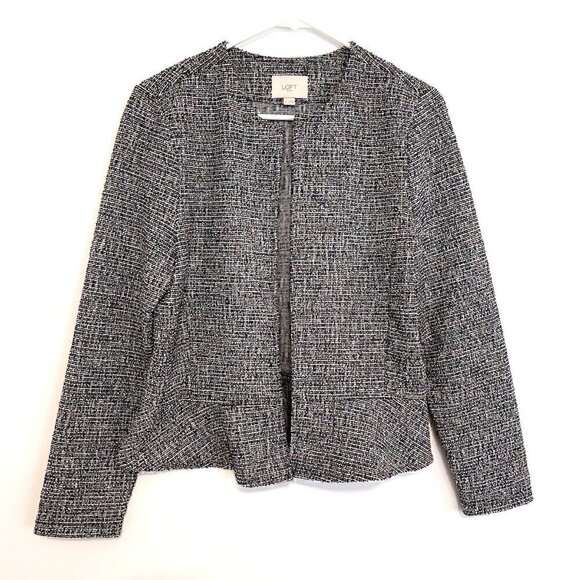 ANN TAYLOR LOFT Outlet Black White Rainbow Tweed Peplum Open Front Blazer Jacket - Picture 2 of 13